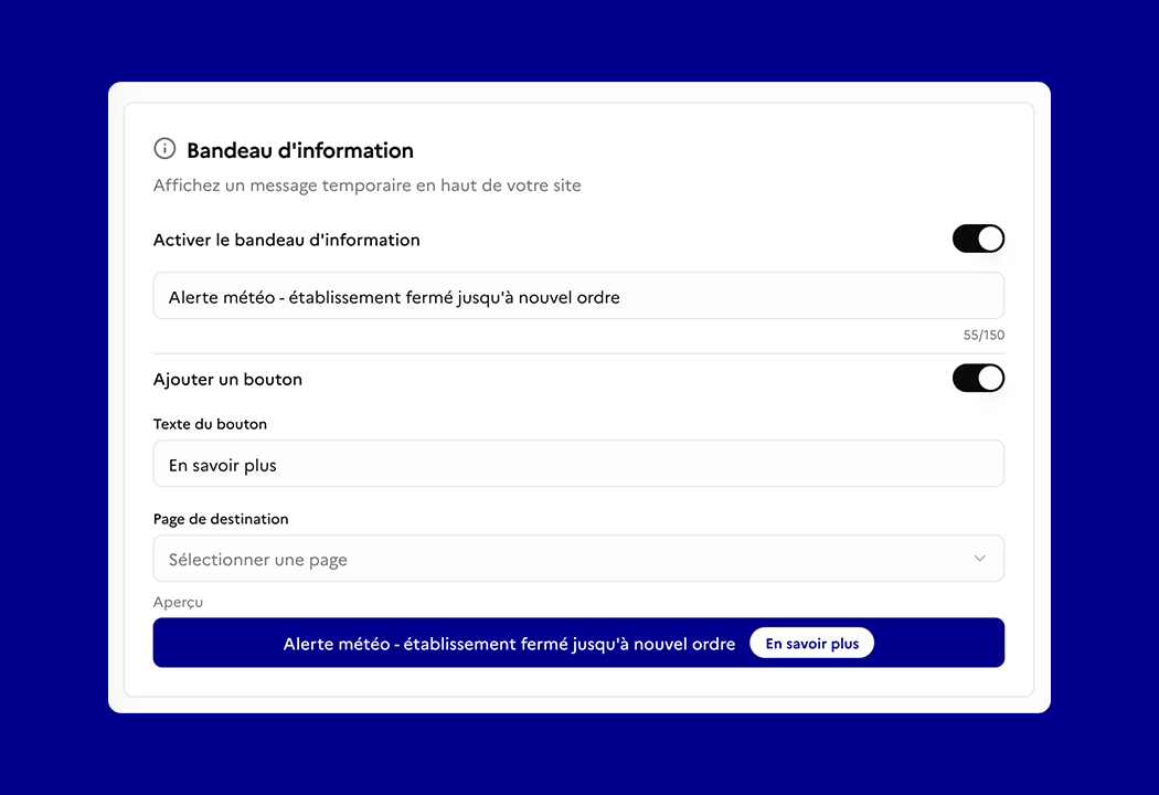 Bandeau d'information sur le site